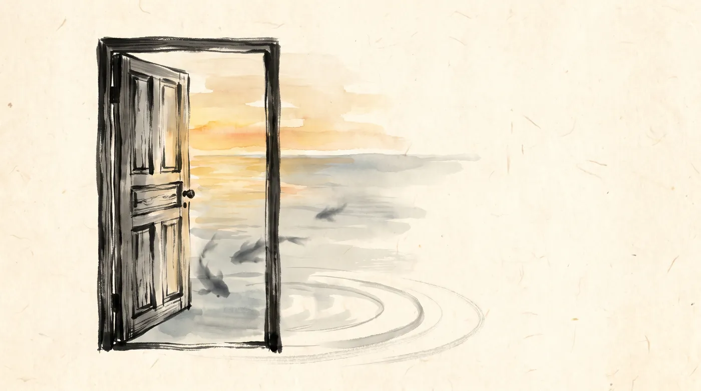 A door open onto the sea, ink on washi