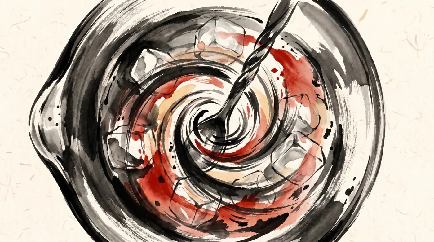 The mixing glass mid-stir