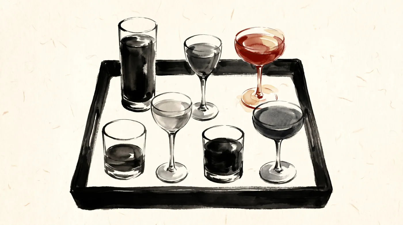 A tray of seven composed cocktails