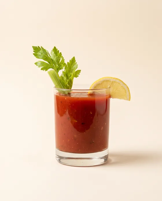 Bloody Mary — a tall glass with a deep-red cocktail, a celery stalk, lemon and a spiced-salt rim, on a cream background