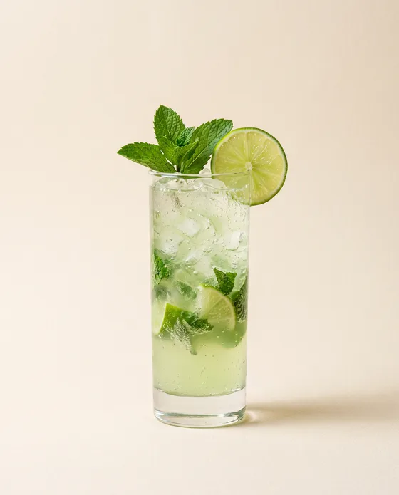 Mojito — a tall glass with crushed ice, lime, plenty of fresh mint and soda, on a cream background